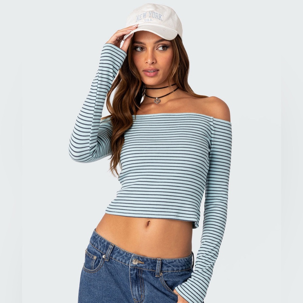 Blue and black striped off the shoulder top